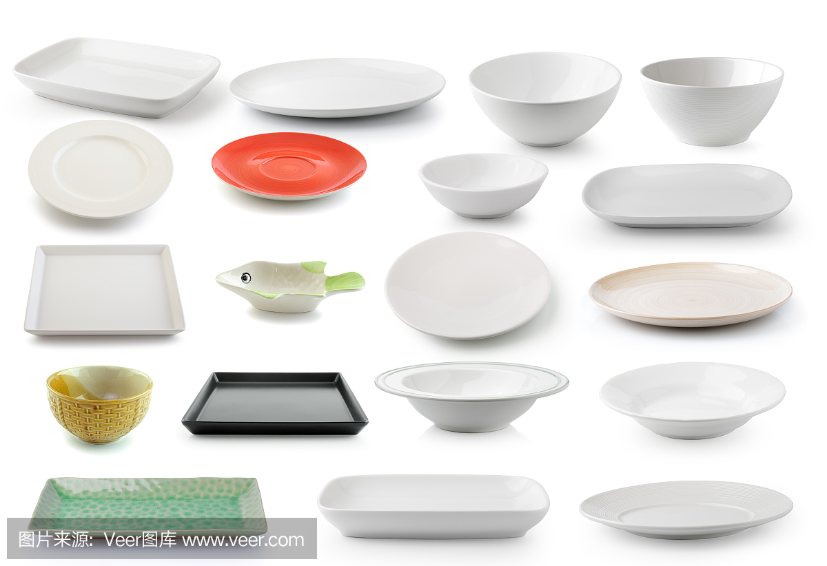白色背景上的陶瓷碗和盘子